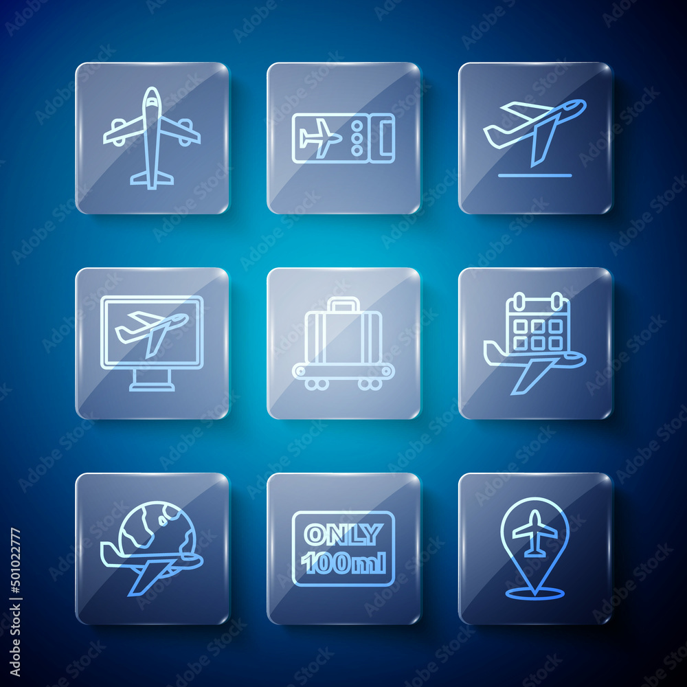 Set line Globe with flying plane, Liquids carry-on baggage, Plane, takeoff, Conveyor belt suitcase, and Calendar and airplane icon. Vector Set line Globe with flying plane, Liquids carry-on baggage, Plane, takeoff, Conveyor belt suitcase, and Calendar and airplane icon. Vector