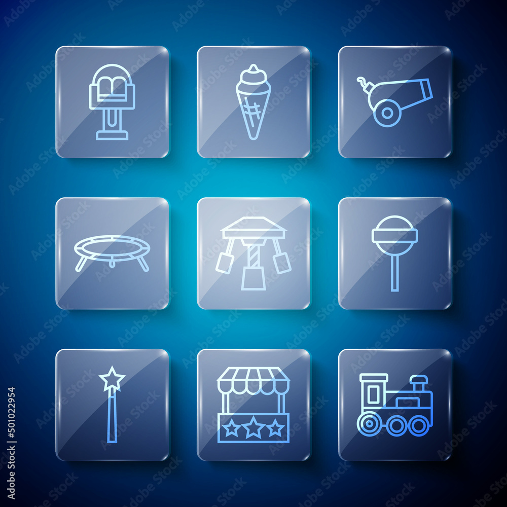 Set line Magic wand, Ticket box office, Toy train, Cannon, Attraction carousel, Jumping trampoline, and Lollipop icon. Vector Set line Magic wand, Ticket box office, Toy train, Cannon, Attraction carousel, Jumping trampoline, and Lollipop icon. Vector