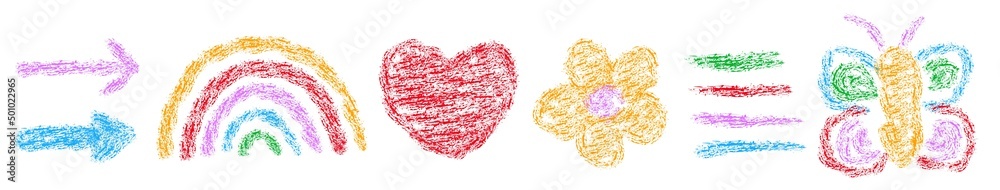 Set of elements drawing by crayon. Childlike picture of rainbow and butterfly