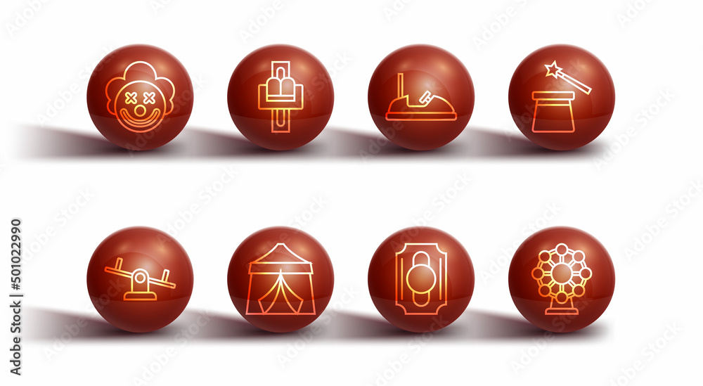 Set line Clown head, Seesaw, Magic hat and wand, Circus ticket, tent, Attraction carousel, Ferris wheel and Bumper icon. Vector Set line Clown head, Seesaw, Magic hat and wand, Circus ticket, tent, Attraction carousel, Ferris wheel and Bumper icon. Vector