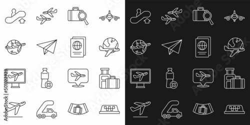 Set line Taxi car roof  Suitcase  Globe with flying plane  Lost baggage  Paper airplane  Escalator up and Passport icon. Vector