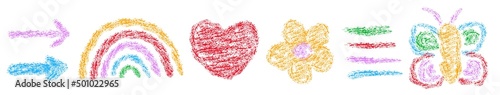 Set of elements drawing by crayon. Childlike picture of rainbow and butterfly