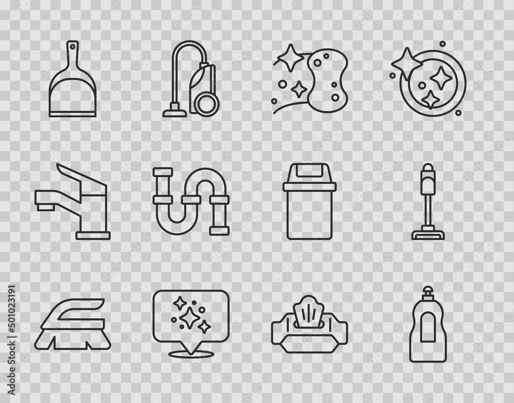 Set line Brush for cleaning, Dishwashing liquid bottle, Sponge, Home service, Dustpan, Industry metallic pipe, Wet wipe pack and Vacuum cleaner icon. Vector Set line Brush for cleaning, Dishwashing liquid bottle, Sponge, Home service, Dustpan, Industry metallic pipe, Wet wipe pack and Vacuum cleaner icon. Vector