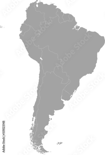 Gray map of the continent of South America with states