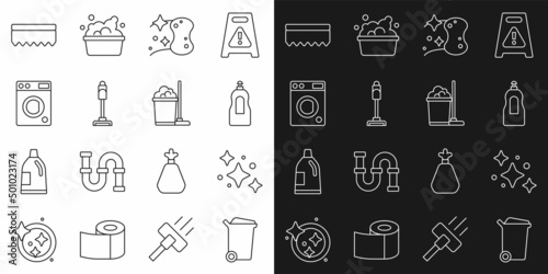 Set line Trash can, Home cleaning service, Dishwashing liquid bottle, Sponge, Vacuum cleaner, Washer, and Mop and bucket icon. Vector