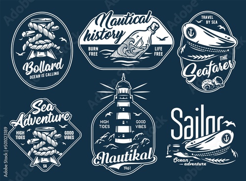 Nautical marine sailor emblem set, ocean adventure or sea spirit, lighthouse and captain cap
