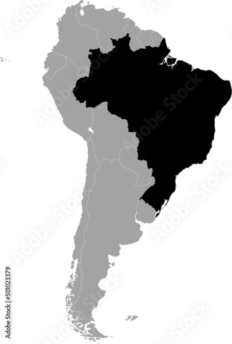 Black Map of Brazil - the eastern region of South America within the gray map of the South American continent