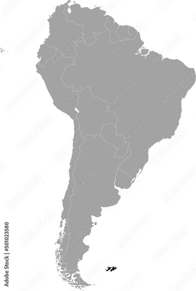 Black Map of Falkland Islands within the gray map of South American continent