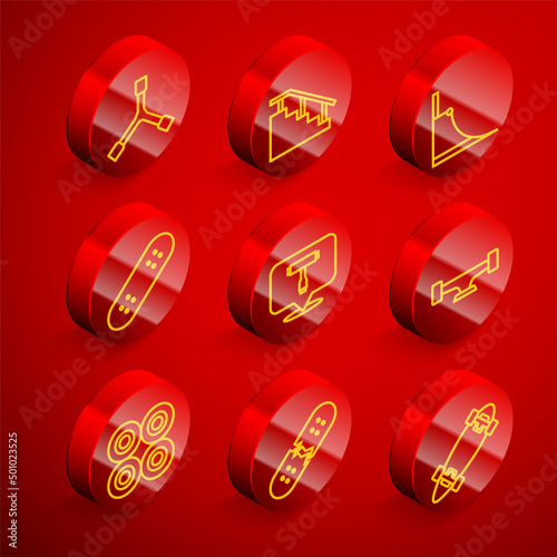 Set line Skateboard Y-tool, stairs with rail, park, T, wheel, and Broken skateboard deck icon. Vector