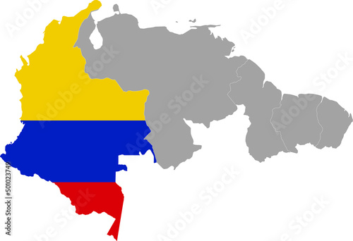 Map of Colombia with national flag within the gray map of the northern region of South America