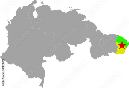 Map of French Guiana with national flag within the gray map of the northern region of South America