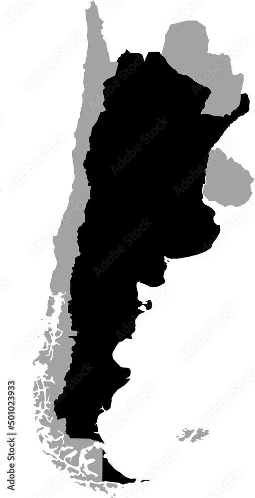 Black Map of Argentina within the gray map of the southern region of South America