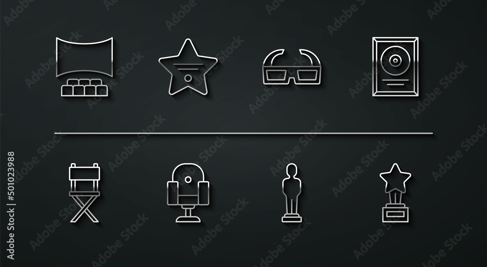 Set line Cinema auditorium with screen, Director movie chair, CD disk award frame, Movie trophy, Walk of fame star, and 3D cinema glasses icon. Vector
