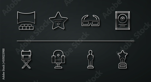 Set line Cinema auditorium with screen, Director movie chair, CD disk award frame, Movie trophy, Walk of fame star, and 3D cinema glasses icon. Vector
