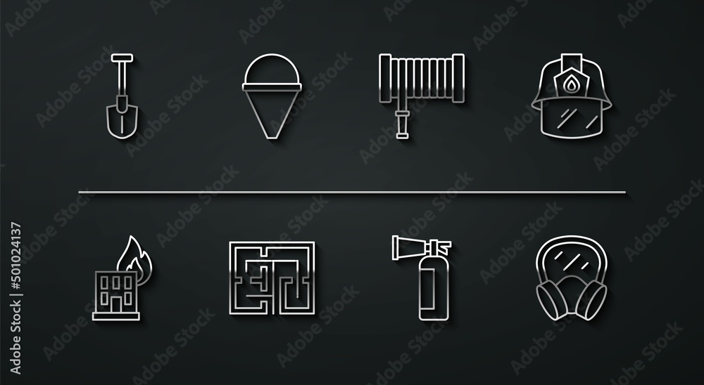 Set line Fire shovel, in burning building, Firefighter helmet, extinguisher, Evacuation plan, cone bucket, Gas mask and hose reel icon. Vector