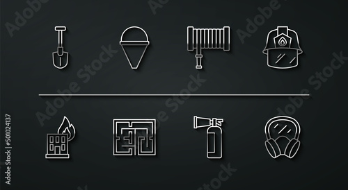 Set line Fire shovel, in burning building, Firefighter helmet, extinguisher, Evacuation plan, cone bucket, Gas mask and hose reel icon. Vector