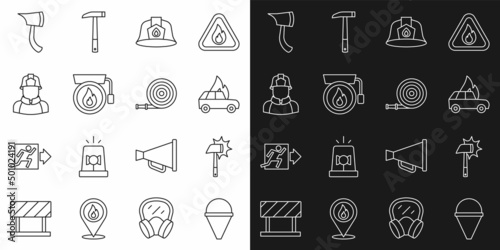 Set line Fire cone bucket, Firefighter axe, Burning car, helmet, Ringing alarm bell, and hose reel icon. Vector