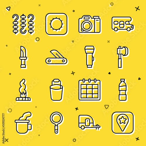 Set line Location for camping, Bottle of water, Wooden axe, Photo camera, Swiss army knife, Knife, Grilled shish kebab skewer and Flashlight icon. Vector