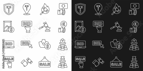 Set line Auction ancient vase, jewelry sale, Hand holding auction paddle, hammer, Bid, painting, and icon. Vector