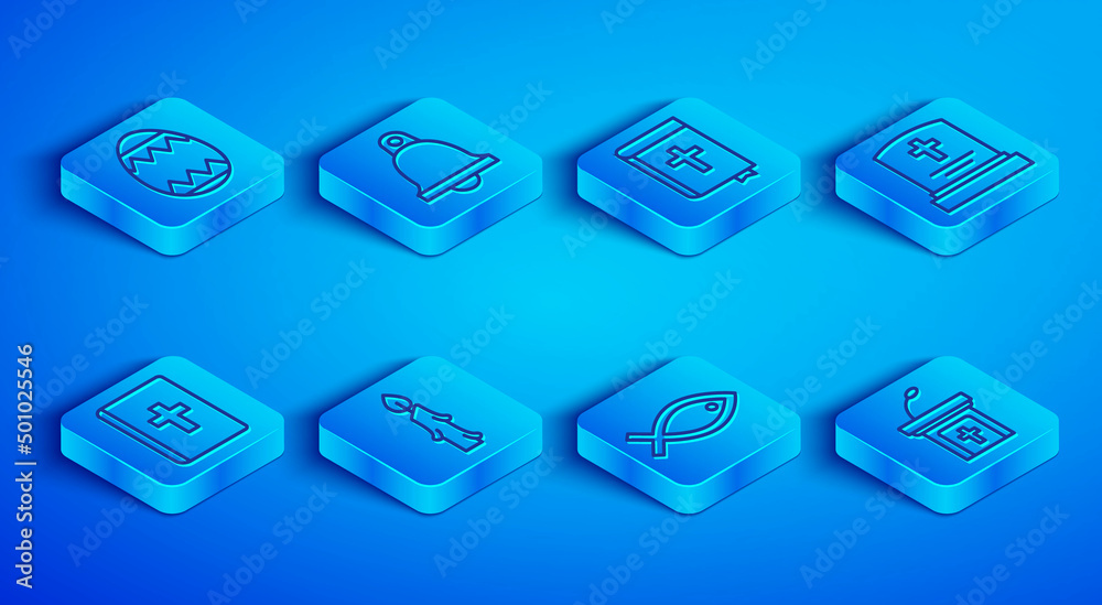 Set line Easter egg, Church bell, Holy bible book, Burning candle, Christian fish symbol, Grave with tombstone, and sermon tribune icon. Vector Set line Easter egg, Church bell, Holy bible book, Burning candle, Christian fish symbol, Grave with tombstone, and sermon tribune icon. Vector