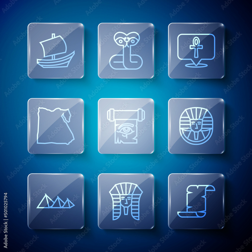 Set line Egypt pyramids, Egyptian pharaoh, Papyrus scroll, Cross ankh, Eye of Horus on papyrus, Map, ship and icon. Vector Set line Egypt pyramids, Egyptian pharaoh, Papyrus scroll, Cross ankh, Eye of Horus on papyrus, Map, ship and icon. Vector