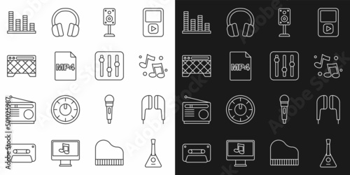 Set line Balalaika, Air headphones, Music note, tone, Stereo speaker, MP4 file document, Guitar amplifier, equalizer and Sound mixer controller icon. Vector