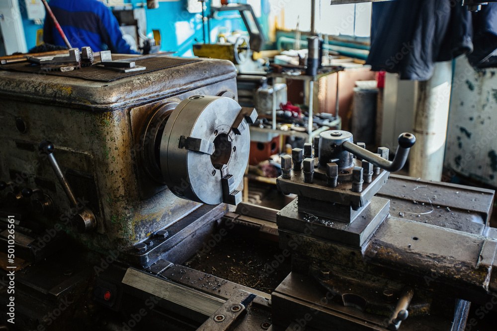 Fototapeta premium Lathe in the workshop, close up view