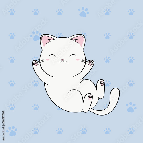 Biały leżący kot. Radosny zwierzak na jasnym pastelowym niebieskim tle w deseń w kocie łapki.