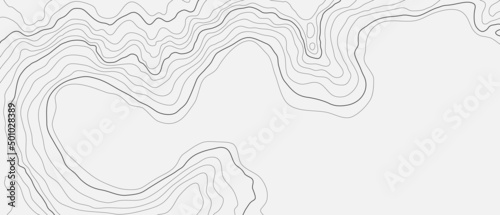 The stylized height of the topographic contour in lines and contours. The concept of a conditional geography scheme and the terrain path. Ultra wide size. Black and white colors. Vector illustration.