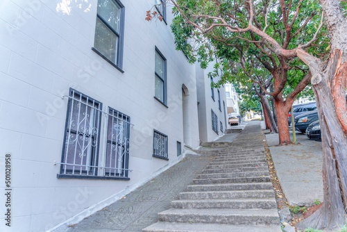 Photography Concrete steps on a sloped side walk near the buildings in San Francisco, Califo