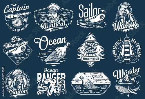 Nautical marine sailor prints, captain cap and bollard, sea ship wanderer, ocean spirit, seafarer walrus