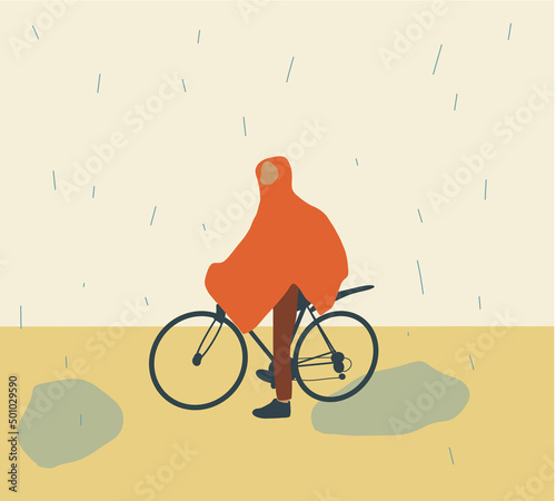 Man in rain coat is sitting on the saddle of a bicycle. Rainy wet weather in autumn, fall seasonal downpours and showers. Cartoon character in flat style vector