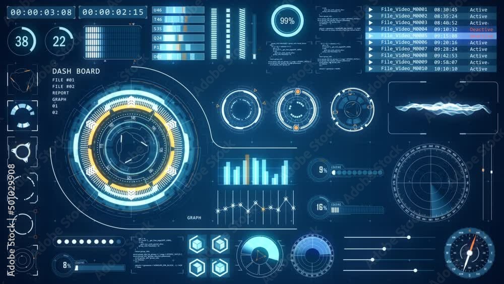 Motion graphic of Blue head up display ( HUD UI ) technology interface screen with futuristic elements graph and chat panel abstract background Motion graphic of Blue head up display ( HUD UI ) technology interface screen with futuristic elements graph and chat panel abstract background