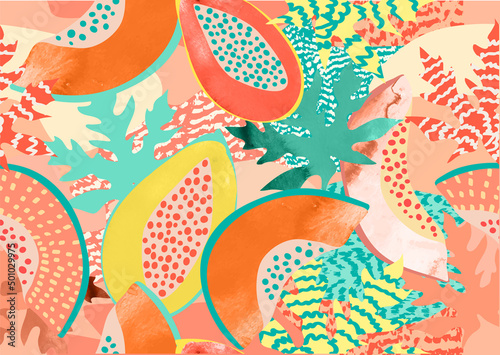 Tropical pattern made with papaya fruits and leaves, with fun and colorful background perfect for fabrics and decoration