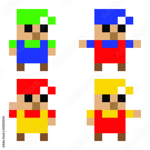 pixel art 8 bit game characters, 1 set of 4 design, Vector, png transparent background  photo