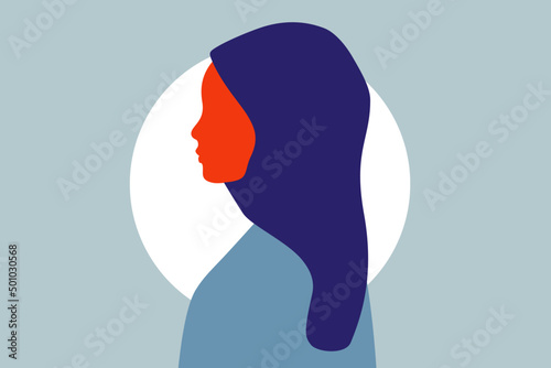 Woman wearing a head scarf. Woman with covered head with a scarf illustration. Beautiful yoing woman wearing hijab profile. Vector.