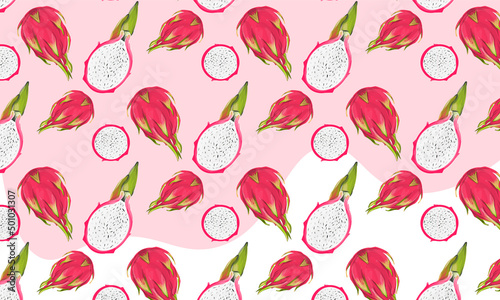 Seamless abstract pattern with dragon fruit slices.Pink tropical fruit - pitahaya. Realistic vector illustration (ID: 501031307)