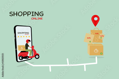 Concept of online shopping on smartphone, parcel boxes and online goods on blue background