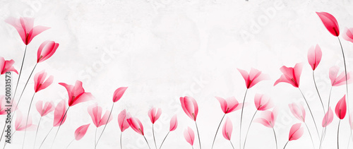 Floral art background with pink and red flowers in a watercolor style for decoration, interior design, packaging, web, wallpapers.