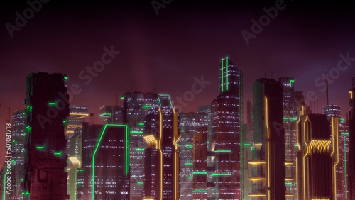 Cyberpunk City Skyline with Orange and Green Neon lights. Night scene with Visionary Architecture. photo