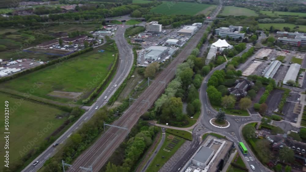 Flying over a deserted business park at dusk Flying over a deserted business park at dusk