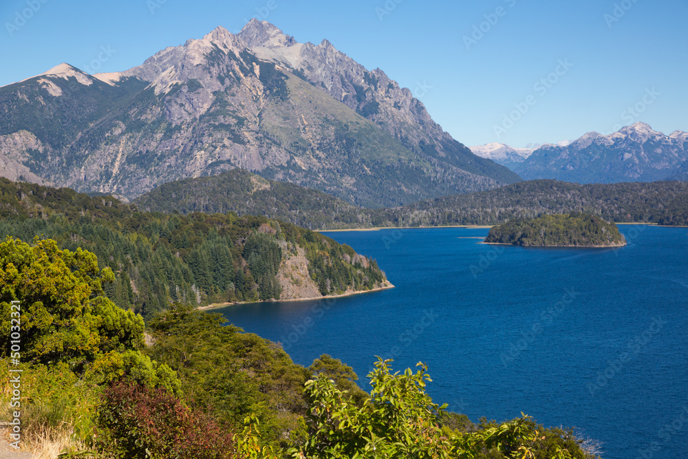 View of lakes Nahuel Huapi and slopes of mountain Cerro Campanario near Bariloche. Argentina, South America