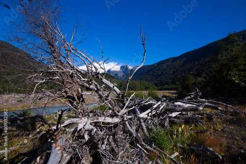 Cauquenes River view with snowy top of Tronador volcano at distance in Argentina