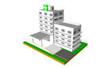 Isomatic of Hospital white color with hospital symbol . Color scheme around the hospital is light white and gray color. With grass for the ground. On isolated white backgroun