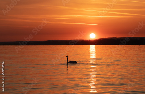 a landscape with a beautiful sunset on the lake