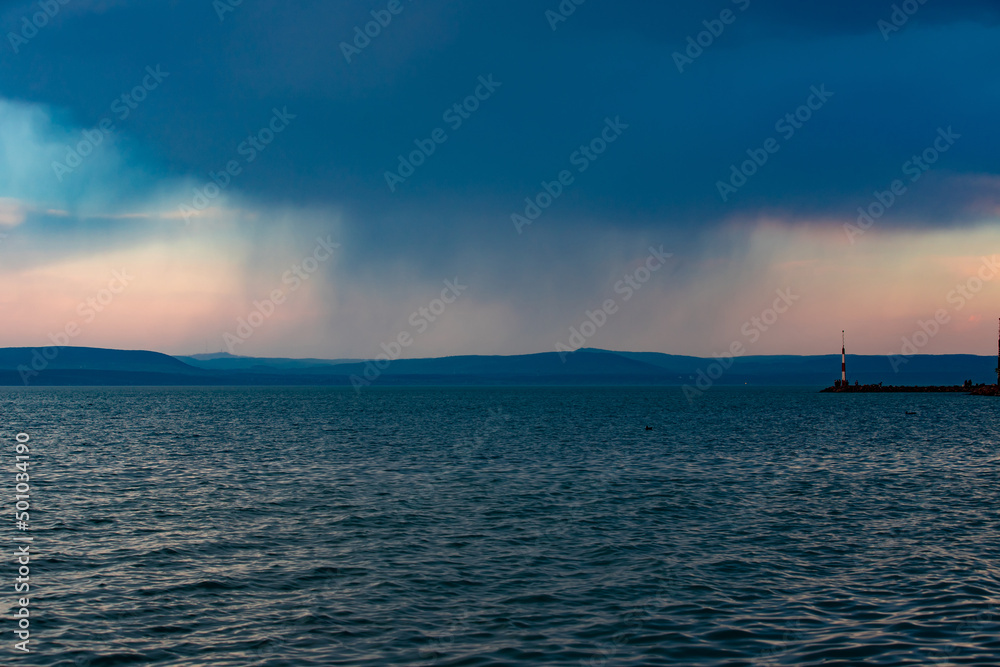 Landscape with a rain from a cloud over Lake Balaton -Hungary