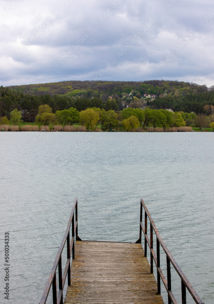 Landscape with a pontoon on the shore of the lake Landscape with a pontoon on the shore of the lake