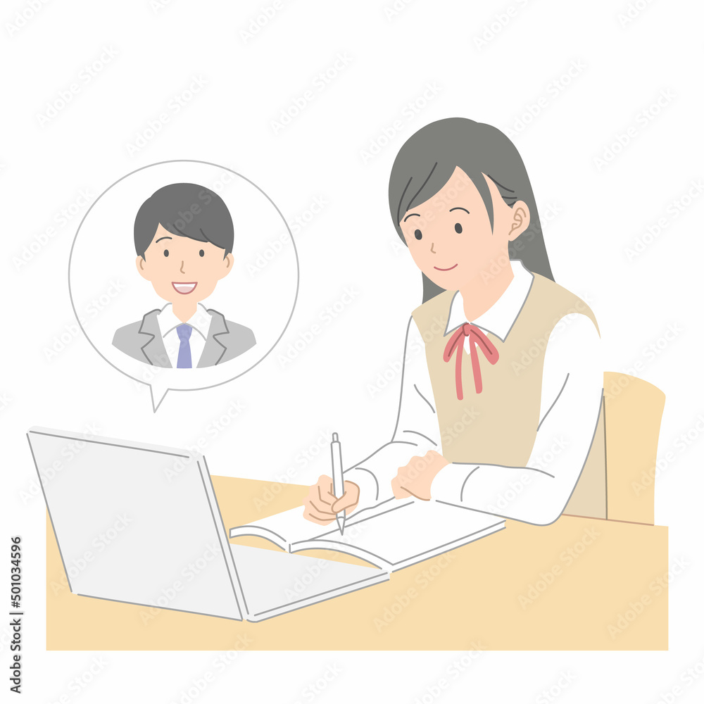 パソコンでオンライン授業を受ける女子学生と勉強を教える男性教師 パソコンでオンライン授業を受ける女子学生と勉強を教える男性教師