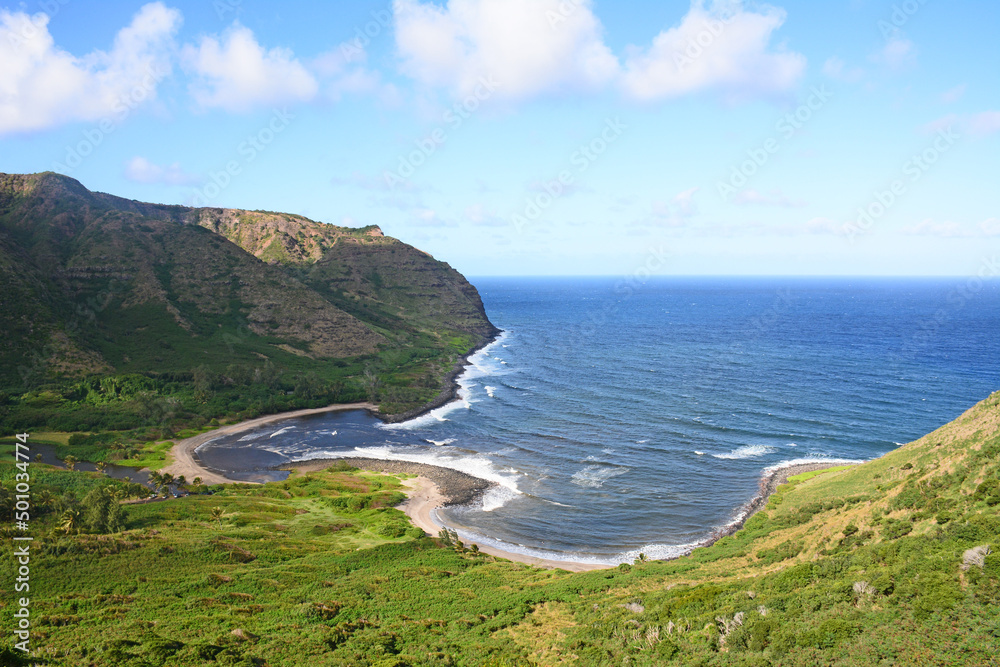 View of the coastline near Halawa Beach Park at the gorgeous Halawa Bay on east side (Windward) of Molokai Hawaii
