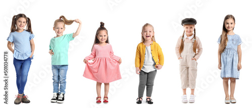 Photo Set of stylish little girls isolated on white